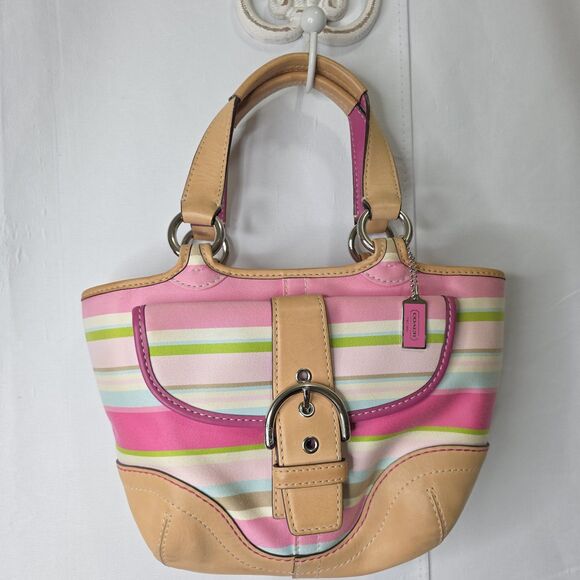 Vintage Coach A063 1888 Pastel Stripe Soho Hampton Sateen & Leather Vachetta Bag - Picture 1 of 12